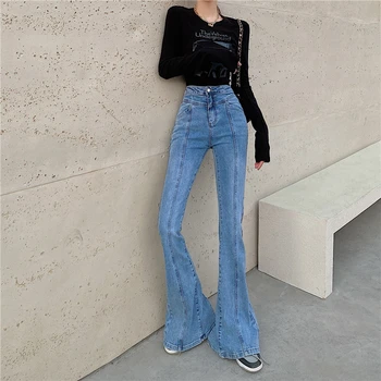SHIJIA ELEGANTNA Split Jeans za Ženske Visoko Elastični Pas korejski Moda Flare Jean Ženskega Jeansa Slim 2021 Skinny Hlače Mama Oblačila