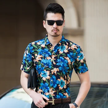 Poletje nov modni moški cvjetnim natisne obleko srajco moški priložnostne cvetje oblačila, majice kratek rokav