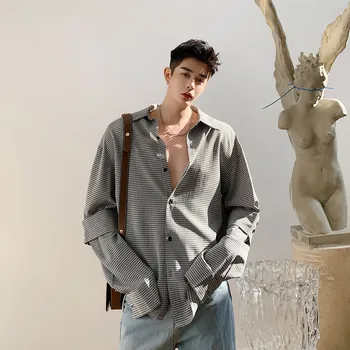 2020 Spomladi In Jeseni Novi korejski Moške Houndstooth Dekonstrukcija Design Dolg Rokav Majica Fashion Priložnostne Top Jakna M-XL