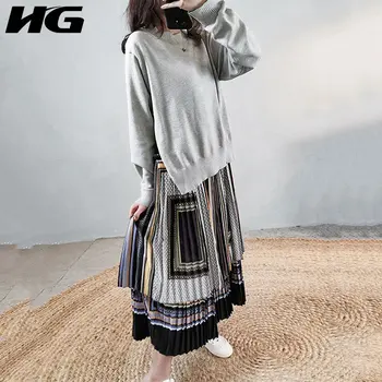 HG francoskega Stila Vintage Print Ženske obleke Preplete Ponaredek Obleko, dvodelno, Naguban Obleke Plus Velikost Dolg Rokav Obleke XJ3233