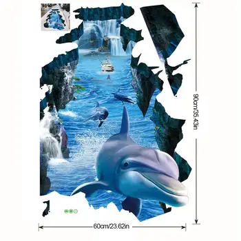 Nova 3D stenske nalepke dolphin zdrobljen steno Akvarija Ocean Stenske Nalepke Za Otroke Sobe, Kopalnica, Kuhinja Doma Dekor Risanka
