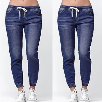 Jeans ženska visok pas, jeans Jeseni Elastična Plus Svoboden mehko udobno Denim Priložnostne Vrvico Plus Odrezane kavbojke mujer 2019