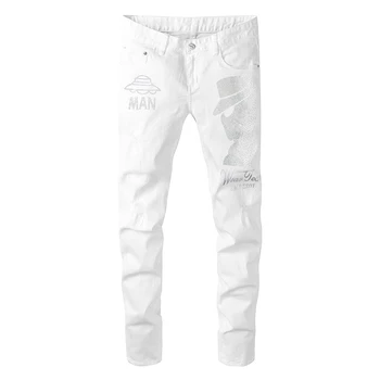 Men je kristalno diamond white jeans, Moda slim znak stretch traper hlače Visoke kakovosti