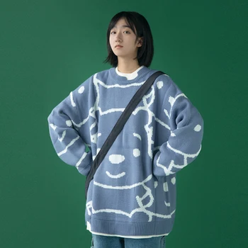 HanLadies nosi pulover jeseni in pozimi obrabe ohlapen pulover leni mleka modri krog vratu ins pulover