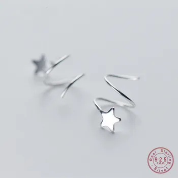 Resnično 925 Sterling Srebro Pentagram Star Uho, Kosti Uho Sponke Obračanje Val Mini Stud Uhani za Ženske Osebnosti Jewelrry
