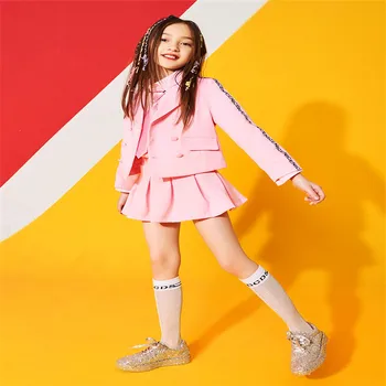 Roza Otroci Jazz Ples Kostum Hiphop Obleke za Dekleta Stopnji Uspešnosti Navijačica Kostume Holografski Vrh+Hlače Komplet
