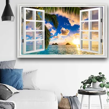 3D Okno Pokrajina Kokosovih sončnih zahodov, Platno Umetniško Slikarstvo, Plakatov in Fotografij Skandinavskih Cuadros Stenskih slikah, za dnevno Sobo