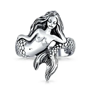 Sunnyyou Modno Oblikovanje Antique Silver Preprost Sirene morska deklica Poročni Prstan Za Dekleta, Ženske Osebnosti Rep Obroč Stranka Nakit