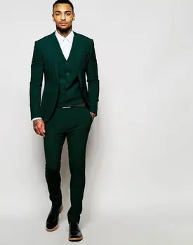 Novi Modeli Temno Zelena Mens Večerja Prom Obleke Ženina Tuxedos Groomsmen Poroko Jopič Barve (Suknjič+Hlače+Telovnik+Kravato)