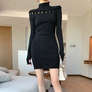 TWOTWINSTYLE Mozaik Twist Votlih Iz Ženske obleke Turtleneck Dolg Rokav Visoko Pasu Mini Slim Pletene Obleke Ženska 2020 Nova