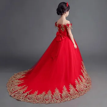 Lepe Obleke Žogo Rdeče Dolgo Zaostajajo Roža Punca Obleke za Poroke otroci Elegantno Zlata Žica Rojstni dan Praznik Obleko po Meri