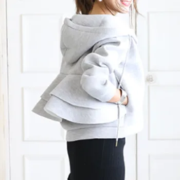 Korejski Moda Preprosto Eleganten Casual Navaden Zadrgo Puloverji Jopice Svoboden Falbala Debele Kratek Plašč Outwear Ženske Hoodie