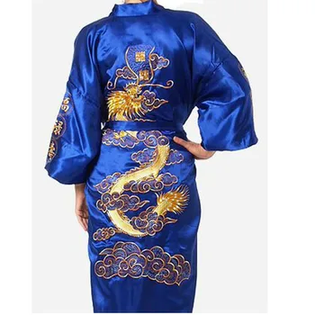 Brezplačna Dostava Črni Kitajski Moške Satena Svilena Vezenina Haljo Kimono Kopalne Obleke Zmaj Velikost S M L XL XXL XXXL S0011