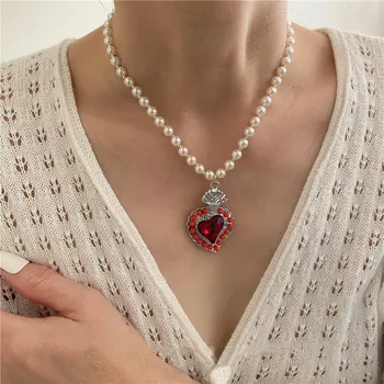 Pretirana Elegantno Rdeče Kristalno Nosorogovo Srce Ogrlico, Obesek za Ženske Simulirani Pearl Geometrijske Chokers Ogrlice Darila