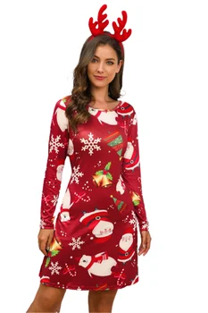 Božič Ženske Obleke Long Sleeve Vintage Jeseni, Pozimi Obleko Božično drevo Snežinka Tiskanja Ženska Mini Obleka Plus Velikost 3XL