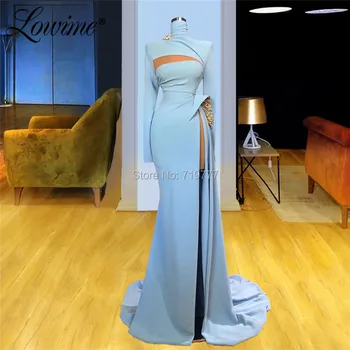 Dubaj Elegantno Modro Nebo, Dolge Večerne Obleke 2020 Haute Couture Poln Rokavi Arabski Plus Velikost Stranka Obleke Maturantski Slaven Obleke