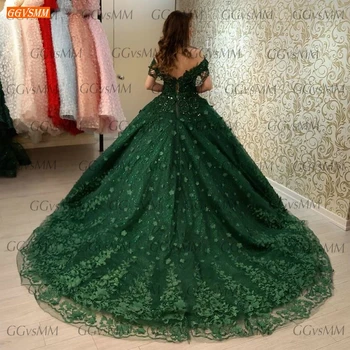 Seksi Zelena Večerne Obleke 2020 Čipke Appliqued 3D Cvetje Žogo Obleke Ženske obleke Stranka Dolgo Formalno Meri Vestidos De Fiesta