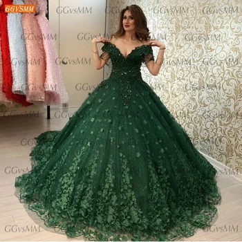 Seksi Zelena Večerne Obleke 2020 Čipke Appliqued 3D Cvetje Žogo Obleke Ženske obleke Stranka Dolgo Formalno Meri Vestidos De Fiesta