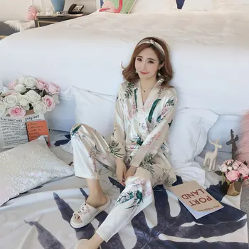 Novo Pomlad Japonski Satenast Kimono Sleepwear Bo Ustrezala Kawaii Natisnjeni Pižame Svoboden Kopanje Yukata Vrhovi, Hlače, Ženska Svileno Pižamo Set