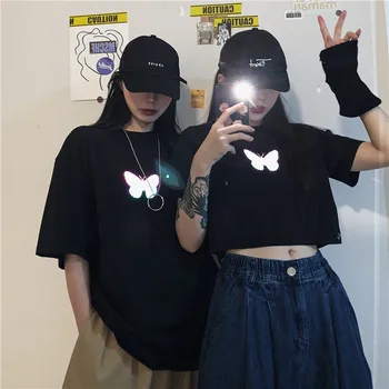2020 ženske priložnostne svoboden metulja print tshirt kratek moda letnik harajuku ulične žganje slog obreži zgoraj majica s kratkimi rokavi