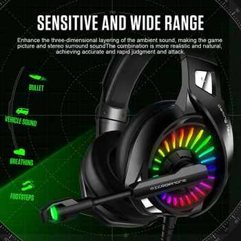Žično Gaming Slušalke za Računalnik PS4 Led Luči Gaming Slušalke z Mikrofonom Nastavljiv Bass Stereo