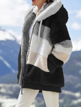 2020 Zimski ženski Plašč Moda Priložnostne Šivanje Kariran Ženske Obleke Hooded Zadrgo Dame Plašč Jagnje Las ženske jakna