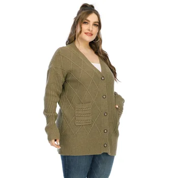 Nove ženske jeseni, pozimi plus velikost dolg pulover za ženske velik dolg rokav svoboden zelena žep pletene cardigan plašč 4XL 5XL 6XL