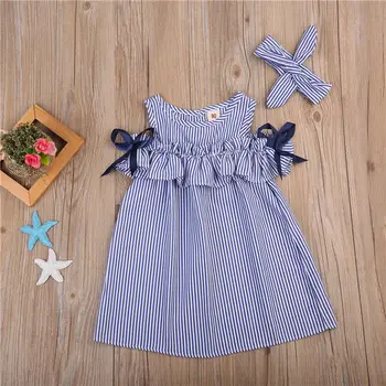 Malčka Otroci Baby Dekleta Obleke Obleke Prugasta Off-ramo Ruffles Obleko Modra Stranka Žogo Obleke Obleko Dekliška Oblačila