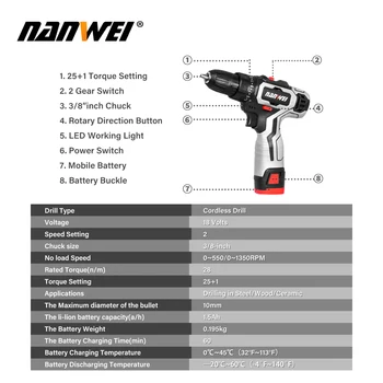 2020 nov slog NANWEI 12V 18V Izvijač Mini Litij-Ionsko Baterijo, 3/8-V novo barvo za gospodinjstvo