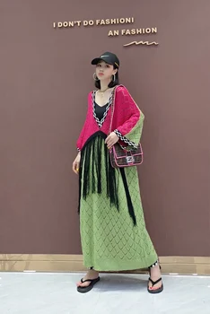 Retro kontrast obleko jeseni mode plesti obleko korejska različica dolgo plesti pulover Proti-vrat bonitete obleko visoko kakovostne ženske 