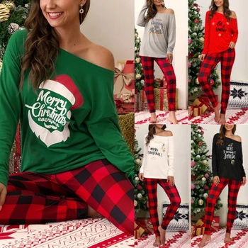 Dva Kosa iz Ženske Jeseni Božič Črke Natisni T-shirt Dolgi Kariran Hlače Sleepwear Nastavite udobno in dihanje super darila