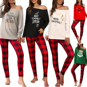 Dva Kosa iz Ženske Jeseni Božič Črke Natisni T-shirt Dolgi Kariran Hlače Sleepwear Nastavite udobno in dihanje super darila