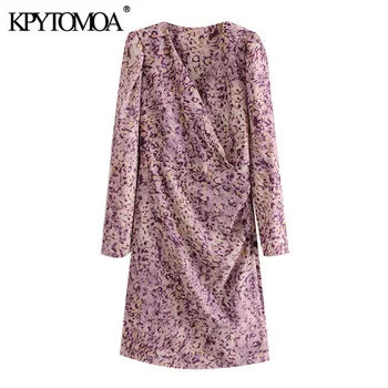 KPYTOMOA Ženske 2020 Elegantna Moda Leopard Tiskanja Draped Mini Obleka Letnik V Vratu Dolgimi Rokavi Ženske Obleke Mujer