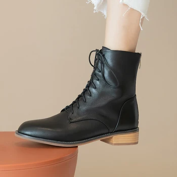 Ženske Zimske cheleas Čevlji Pravega usnja Gleženj vezalke ravno boot ženska Kratka črni Škornji 2020, za ženske škornji