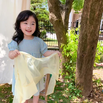 Poletje Nov Prihod v korejskem slogu kariran in cvetje kratek rokav princesa obleko z velikim lokom predpasnik za cute sweet baby dekleta