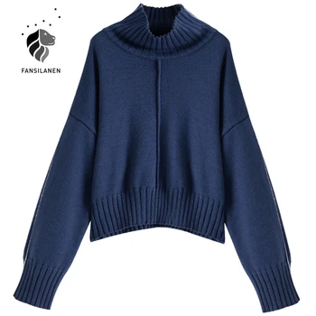 FANSILANEN Strani modro črtasto turtleneck pleteni pulover Ženske prevelik priložnostne pulover z Dolgimi rokavi pletenine skakalec ženski top