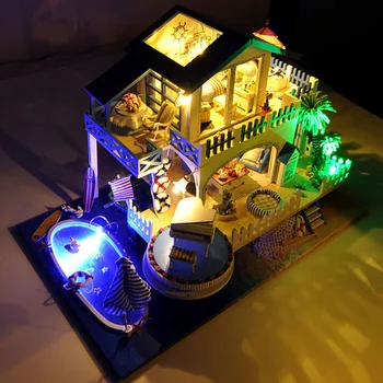 DIY Modro Morje, Bazen Vile Lesene Lutke Miniaturnega Pohištva Z LED Kompleti Lutka Hiše Zbrati Igrače Otrok Božično Darilo