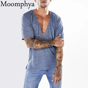 Moomphya Globoko V-Neck postavljeno prugasta moški majica s kratkimi rokavi strani Split open t-shirt moških Hip hop tshirt ulične cool vrhovi