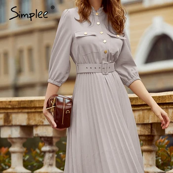 Simplee A-line počitnice ženski midi obleko Ogrlicom tričetrt rokav nabrano obleko Eleganten pas urad dame pocket oblačenja