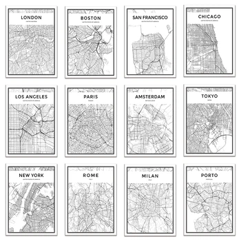 Svetovni Zemljevid Mesta New Yorku, Tokiu, Parizu, Črna in Bela Umetniško Platno Poster Tiskanje Skandinavski Slog Slikarstvo Sliko za Dnevna Soba Dekor