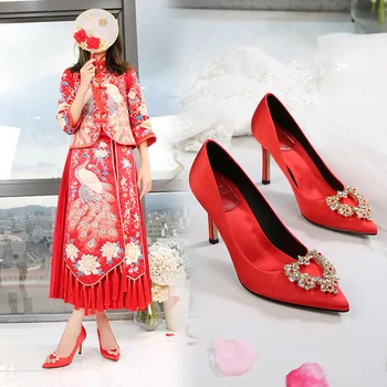 Nevesta Rdeče Poročni Čevlji Novo Saten Nosorogovo Stiletto Visokih Petah Korejskem Slogu, Koničasti Čevlji