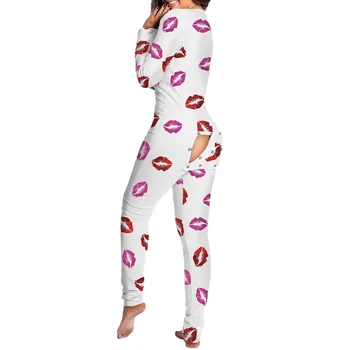 Seksi Žensk Pijamas Onesies Gumb navzdol Spredaj Proti-vrat Pižamo Odraslih Jumpsuit Funkcionalne Buttoned Zavihek Pyjama Femme Sleepwear