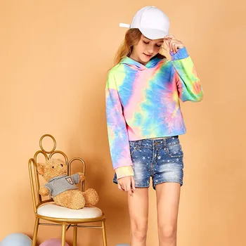Otroci Teen Dekleta Crop Tops Tie-Dye Hoodies Dolgimi Rokavi Pulover Sweatshirts Vrhovi