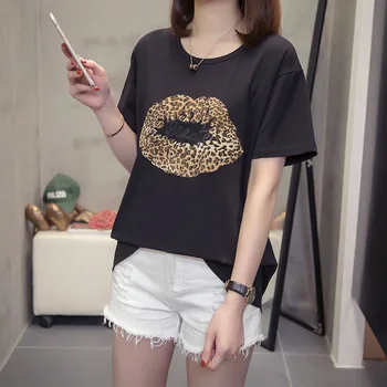 Velik obseg ženske T-shirt moda novo poletje black divje kratka sleeved svoboden priložnostne leopard tiskanja ustnice tiskanje ženski tee&vrhovi