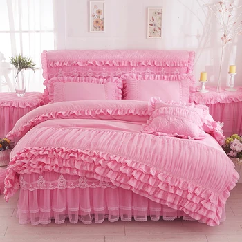 Pink Princess Čipke Posteljnina Določa Kraljica Kralj Mehko Posteljo Krilo Ruffles Rjuhe Kritje Posteljo Stanja Pillowcases 4pcs Posteljo Set Home Tekstilnih