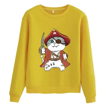 2021 Prišlekov Hoodie Ženske Pirate Cat Print Majica Ženska Seksi Harajuku Anime Kawaii Runo Prevelik Vrhovi Dresov Pull