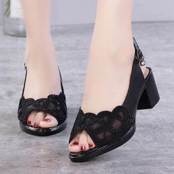 Modne ženske sandale črno besedo sponke debele pete z votlo votel, mehko dno, mama čevlji poletje novo očesa čevlji 35-40
