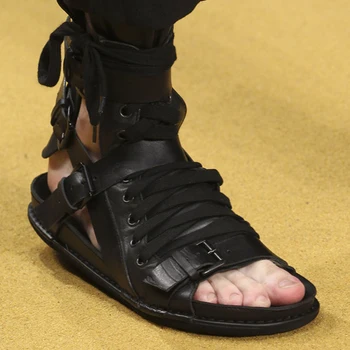 Visoka Kakovost Moških Rim Sandali Črne Čevlje Gladiator Sandali Z Visoko-Top Pravega Usnja Natikači Strani Poletni Moški Sandali