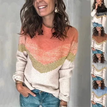 2021 Nove Priložnostne trak pleteni pulover Svoboden barvni kontrast krog vratu Puloverju korejski ulica slog ženski pulover