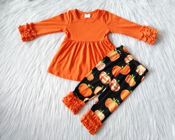 Debelo otroci halloween obleko dekle boutique oranžno barvo vrh tekmo bučno ruffle hlače 2 kosov set dekle pade obleko